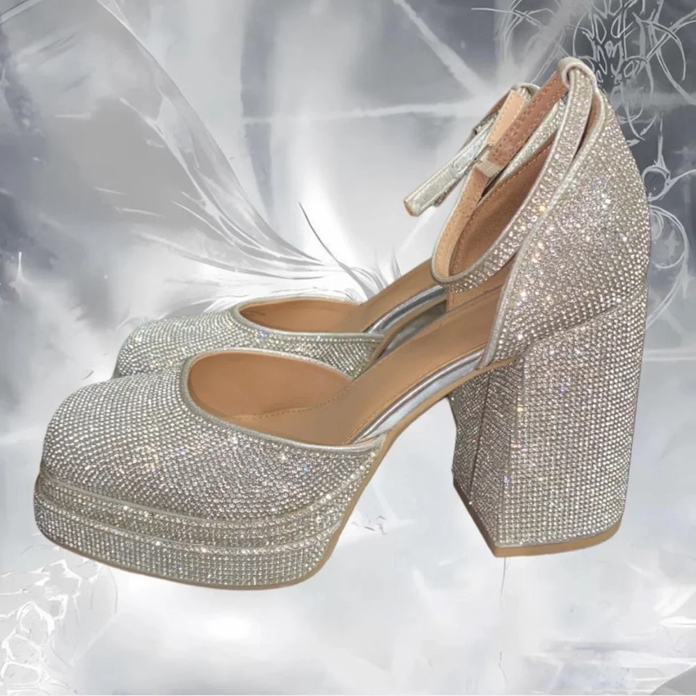 Wild Fable Pave Rhinestone Platform Ankle Strap Rounded Toe Heels - Picture 5 of 16